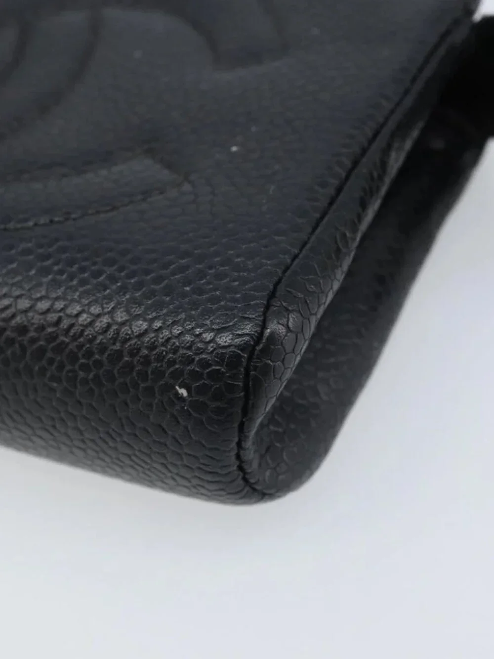 CHANEL COCO Mark Pouch Grained Calf Skin Black Gold CC Auth AMZ108